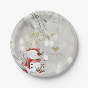 Eleganter Gold-Glitter-Herz-Schneemann Pappteller