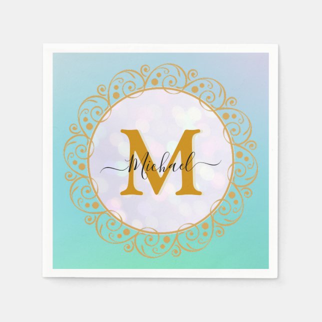 Eleganter Gold-Glitter-Initialbuchstabe & Name Serviette (Vorderseite)