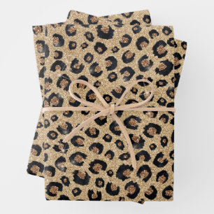 Eleganter Gold Glitter Schwarz Leoparden Druck Geschenkpapier Set