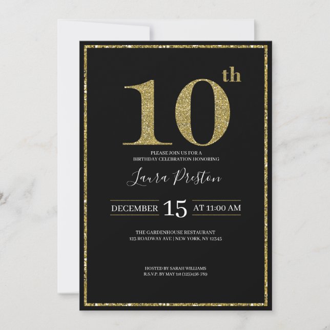 Eleganter Gold Glitzer 10. Geburtstag Einladung (Vorderseite)