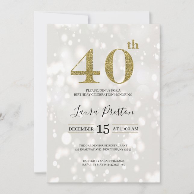 Eleganter Gold Glitzer 40. Geburtstag Einladung (Vorderseite)