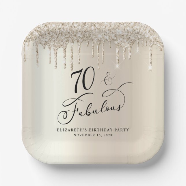 Eleganter Gold Glitzer 70. Geburtstagsparty Pappteller (Vorderseite)
