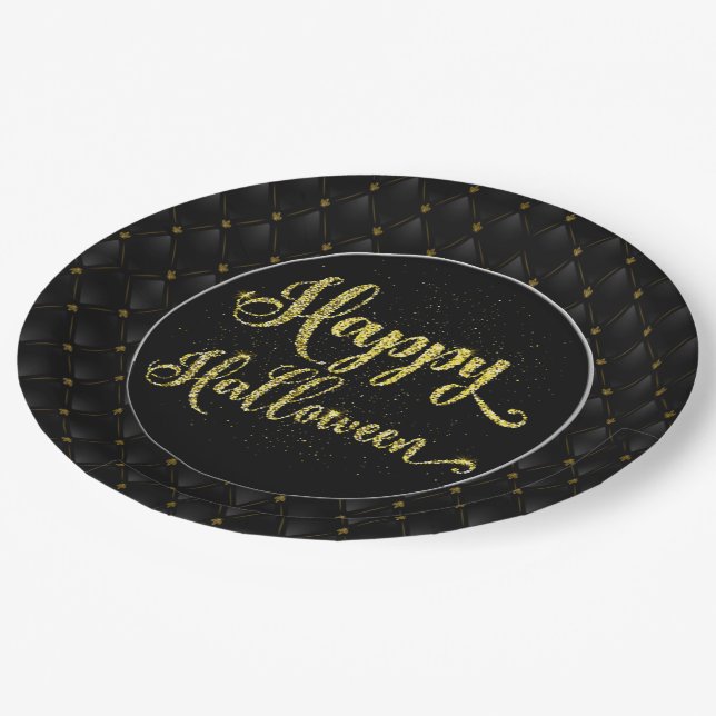 Eleganter Gold Glitzer auf Black Happy Halloween Pappteller (Schrägansicht)