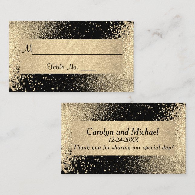 Eleganter Gold Glitzer auf schwarz Platzkarte (Vorne/Hinten)