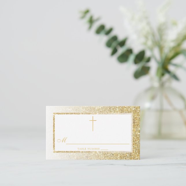 Eleganter Gold-Glitzer-Bestätigung oder Taufen Platzkarte (Stehend Vorderseite)