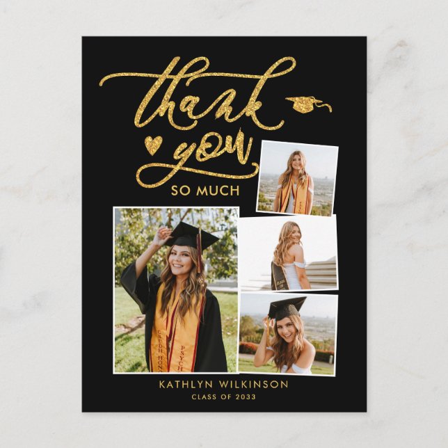Eleganter Gold Glitzer Black Abschluss Vielen Dank Postkarte (Vorderseite)
