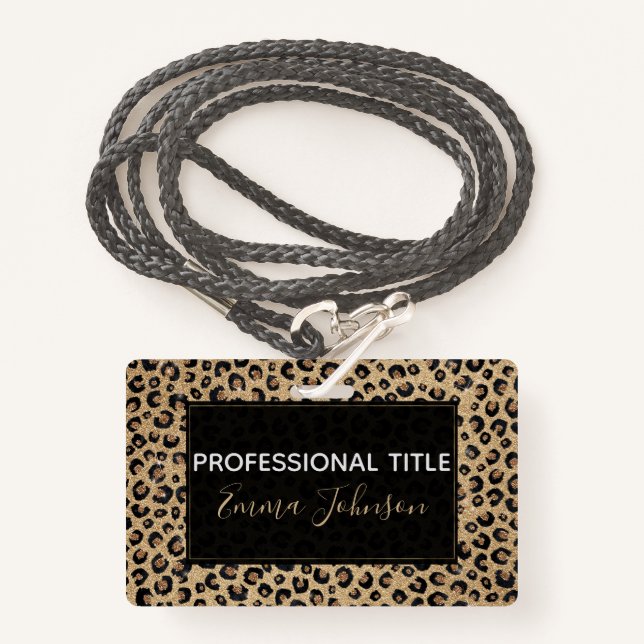 Eleganter Gold Glitzer Black Leopard Print Ausweis (Vorderseite mit Schlüsselband)