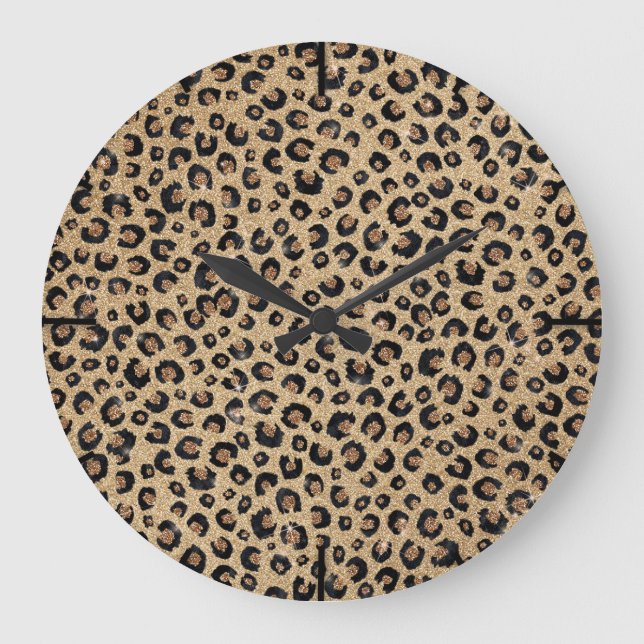Eleganter Gold Glitzer Black Leopard Print Große Wanduhr (Vorderseite)