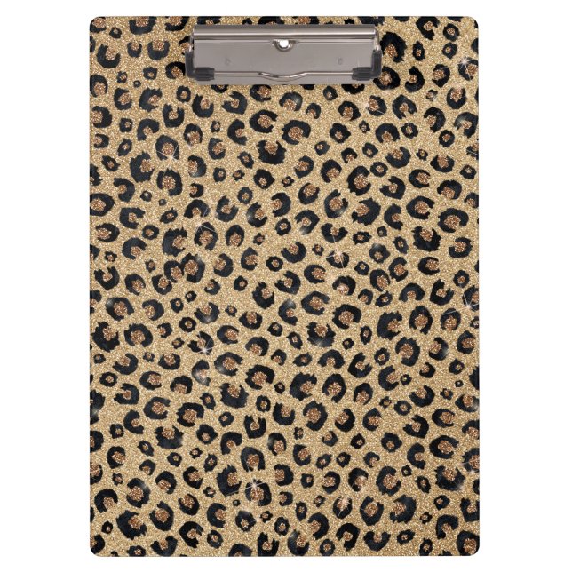 Eleganter Gold Glitzer Black Leopard Print Klemmbrett (Vorderseite)