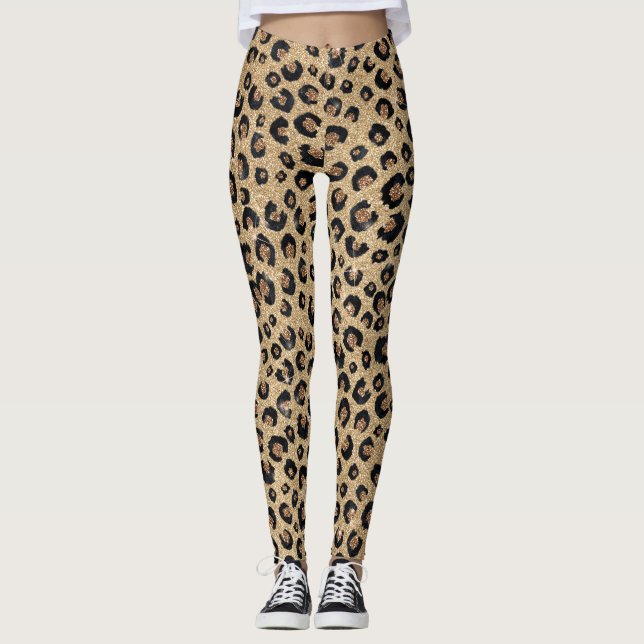 Eleganter Gold Glitzer Black Leopard Print Leggings (Vorderseite)