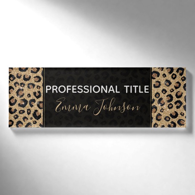 Eleganter Gold Glitzer Black Leopard Print Namenschild (Vorderseite)