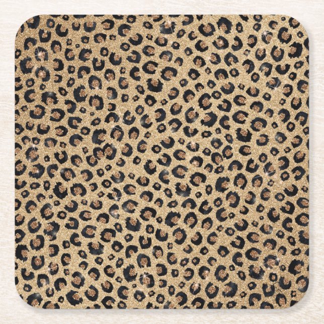 Eleganter Gold Glitzer Black Leopard Print Rechteckiger Pappuntersetzer (Vorderseite)