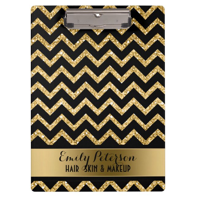 Eleganter Gold Glitzer Black Zickzack Gold Akzente Klemmbrett (Vorderseite)