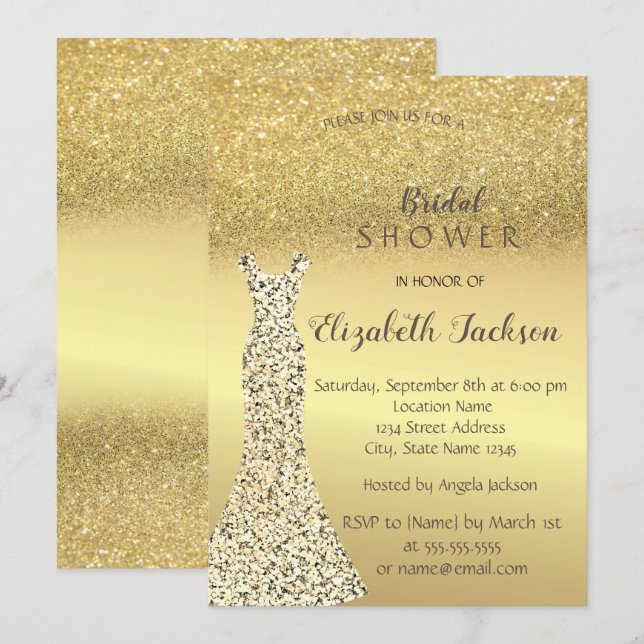 Eleganter Gold Glitzer Bokeh , Dress Brautparty Einladung (Vorne/Hinten)