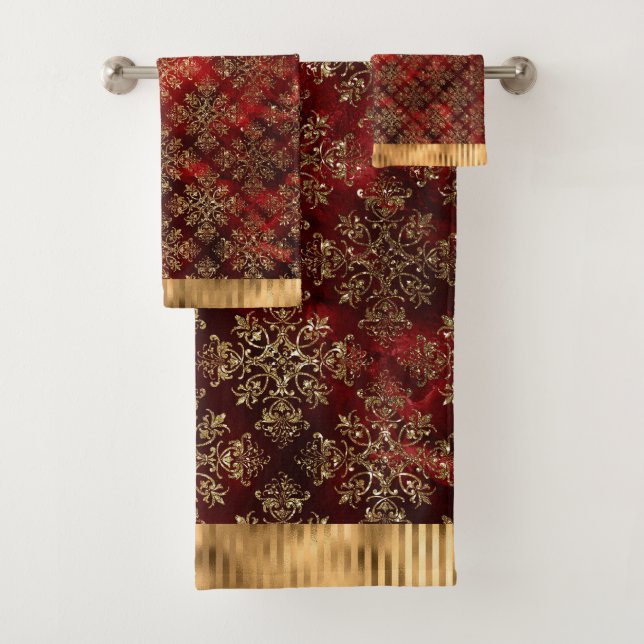 Eleganter Gold Glitzer Damask Burgundy Red Modern Badhandtuch Set (Insitu)