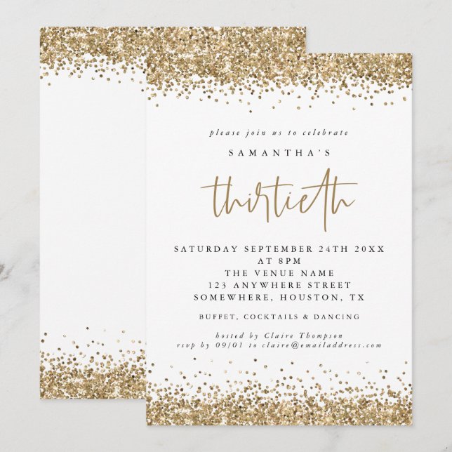 Eleganter Gold Glitzer Dreißigstes Party Einladung (Vorne/Hinten)