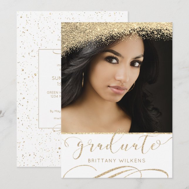 Eleganter Gold Glitzer Dust Script Graduate Einladung (Vorne/Hinten)
