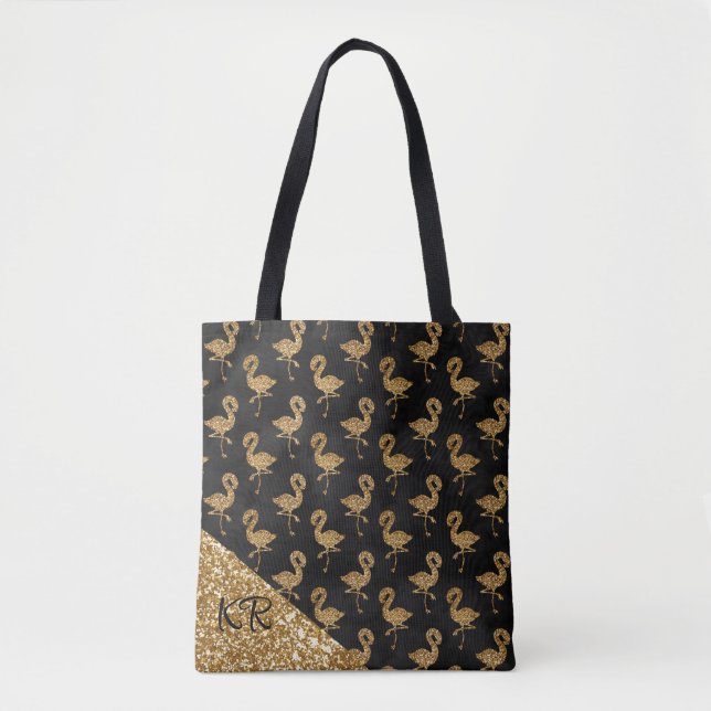 Eleganter Gold Glitzer Flamingo Muster Mit Monogra Tasche (Vorderseite)