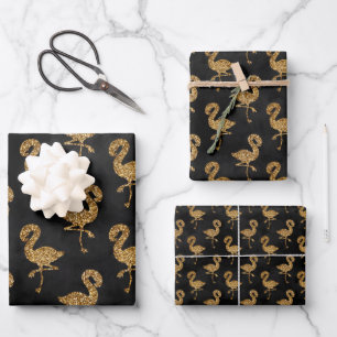 Eleganter Gold Glitzer Flamingo Muster Sparkle Gla Geschenkpapier Set