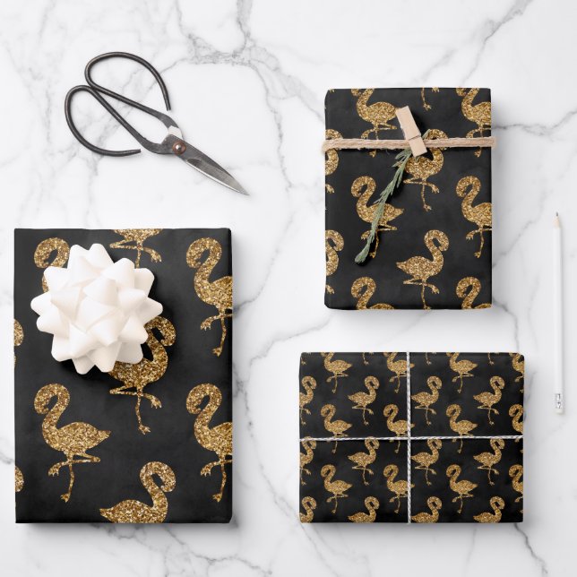 Eleganter Gold Glitzer Flamingo Muster Sparkle Gla Geschenkpapier Set (Vorderseite)