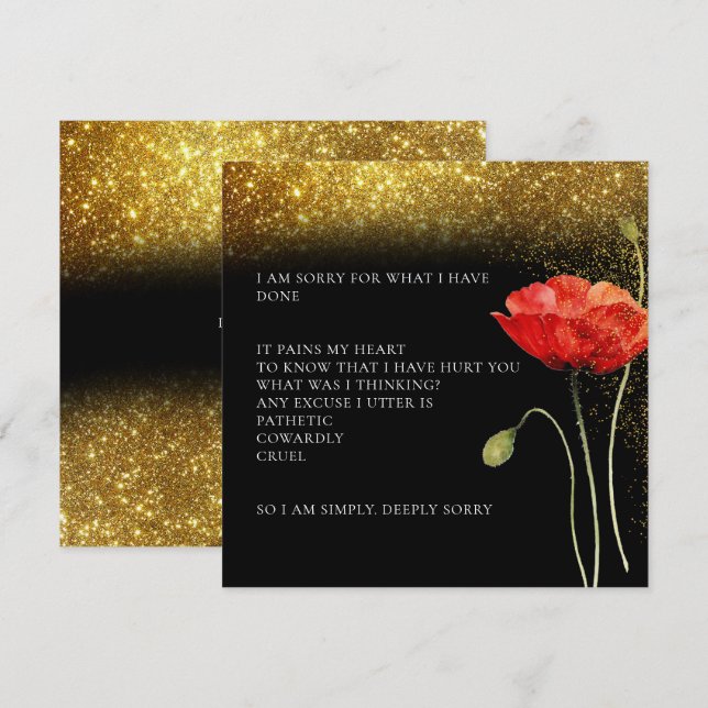 Eleganter Gold Glitzer Floral Entschuldigung Karte (Vorne/Hinten)