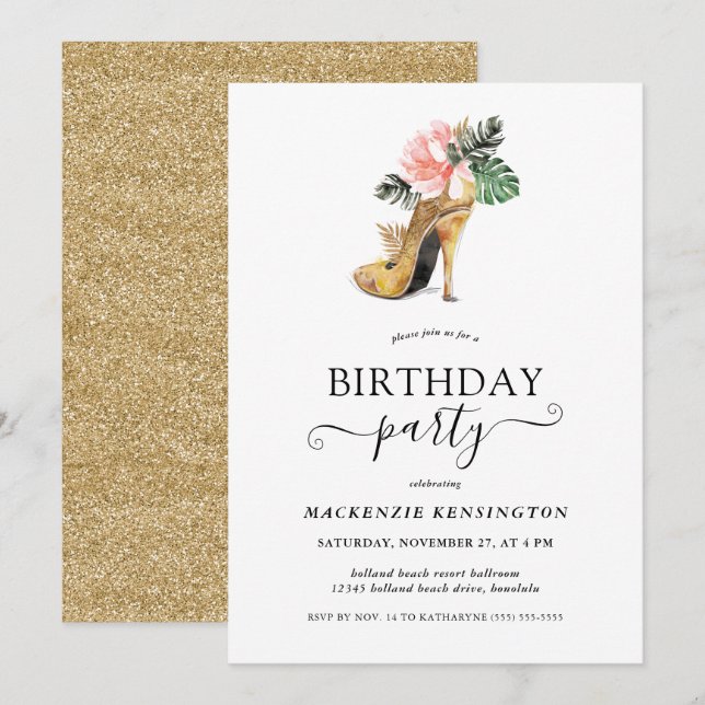 Eleganter Gold Glitzer Floral Gold Heelse Geburtst Einladung (Vorne/Hinten)