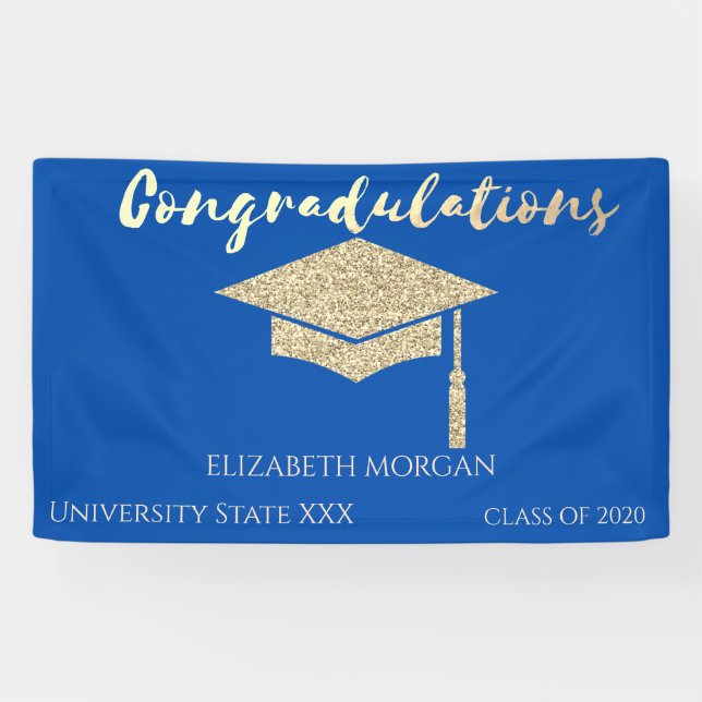 Eleganter Gold Glitzer Graduate Cap, Blue Abschlus Banner (Horizontal)