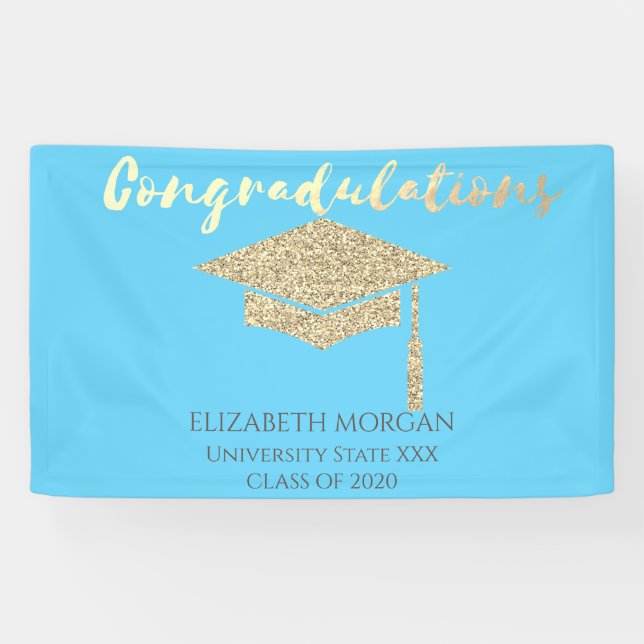 Eleganter Gold Glitzer Graduate Cap, Blue Abschlus Banner (Horizontal)