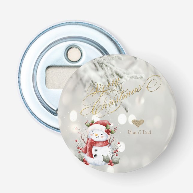 Eleganter Gold Glitzer Heart Snowman Flaschenöffner (Vorderseite)