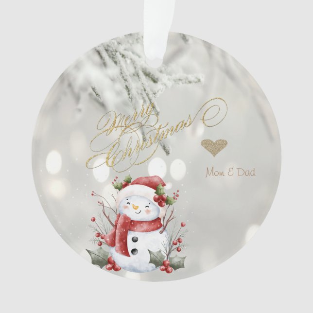 Eleganter Gold Glitzer Heart Snowman Ornament (Vorderseite)