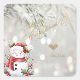 Eleganter Gold Glitzer Heart Snowman Quadratischer Aufkleber