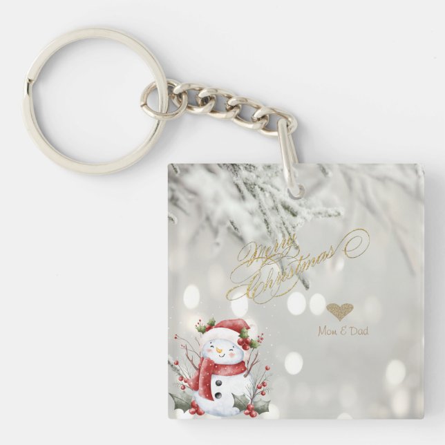 Eleganter Gold Glitzer Heart Snowman Schlüsselanhänger (Vorderseite)