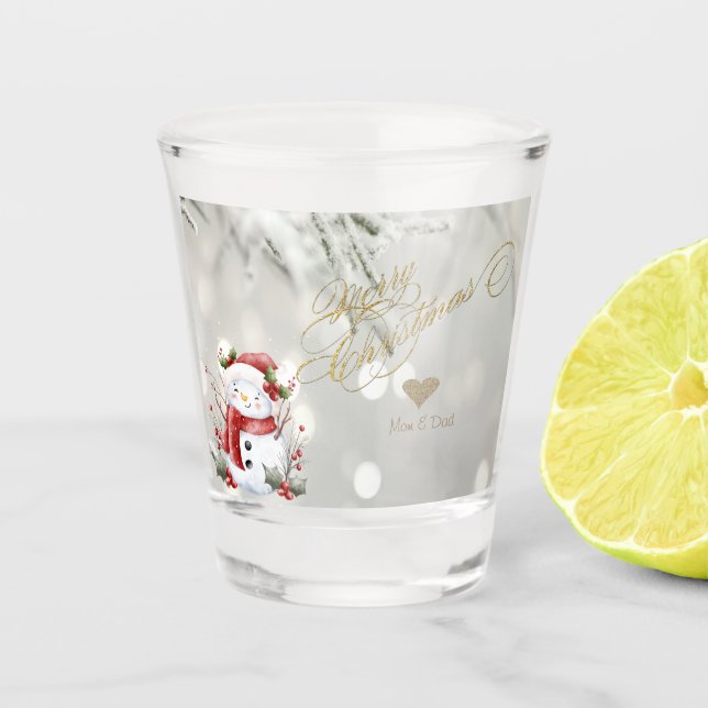 Eleganter Gold Glitzer Heart Snowman Schnapsglas (Vorderseite)