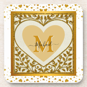 Eleganter Gold Glitzer Herzens Initial & Name Getränkeuntersetzer