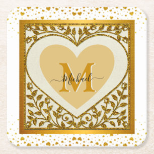 Eleganter Gold Glitzer Herzens Initial & Name Rechteckiger Pappuntersetzer