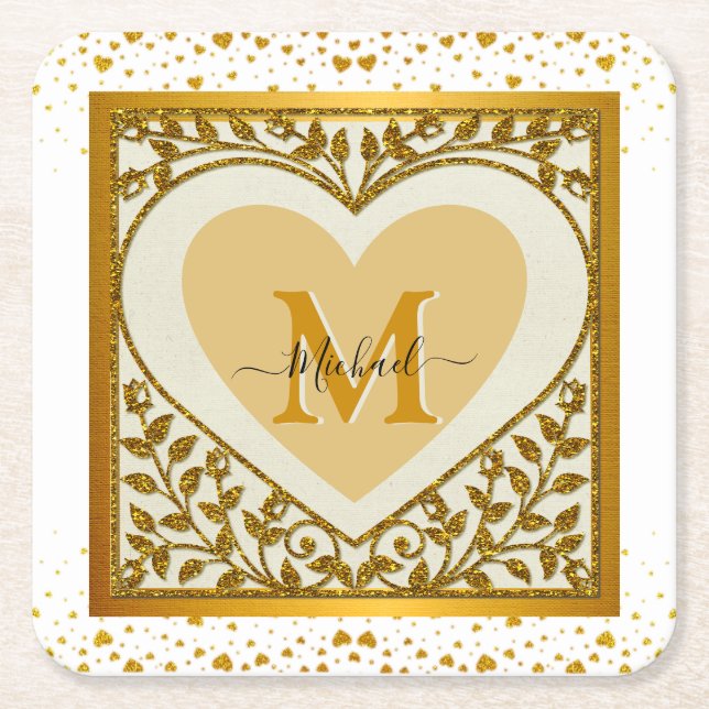 Eleganter Gold Glitzer Herzens Initial & Name Rechteckiger Pappuntersetzer (Vorderseite)