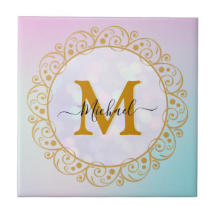 Eleganter Gold Glitzer Initial & Name Fliese