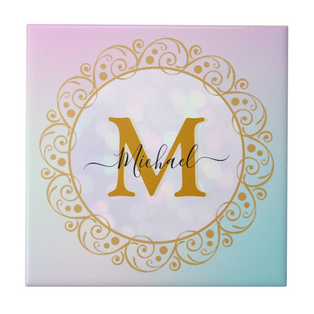 Eleganter Gold Glitzer Initial & Name Fliese (Vorderseite)