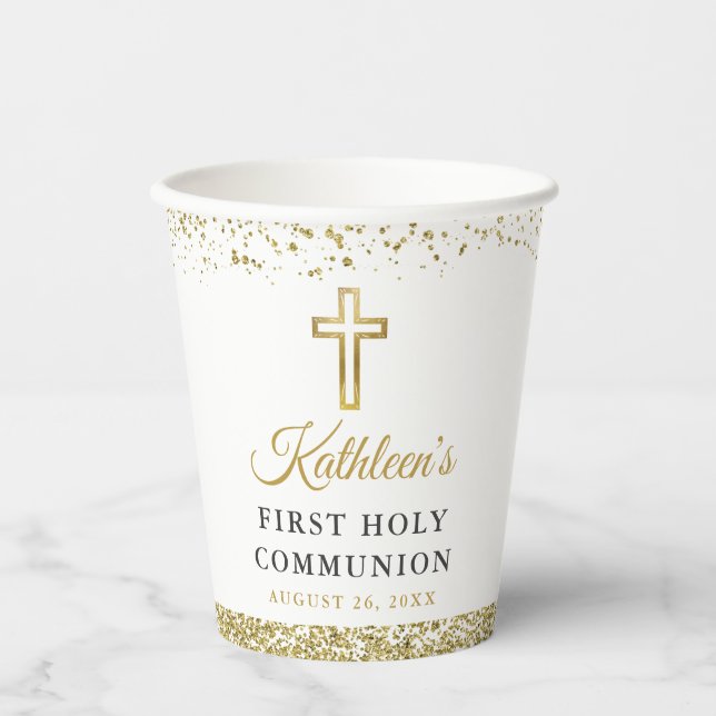 Eleganter Gold Glitzer Kreuzweg Erste Heilige Komm Pappbecher (Vorderseite)
