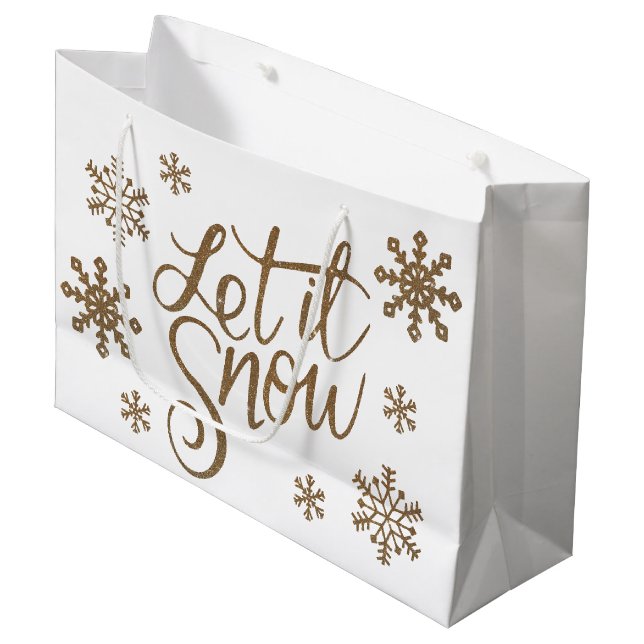 Eleganter Gold-Glitzer lässt es Schneeflocken schn Große Geschenktüte (Vorderseite Schrägansicht)