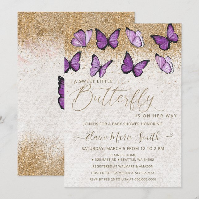 Eleganter Gold Glitzer Lila Butterfly Babydusche Einladung (Vorne/Hinten)