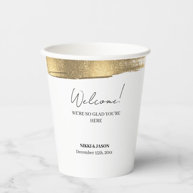 Eleganter Gold Glitzer Line Minimale Hochzeit Will Pappbecher (Vorderseite)