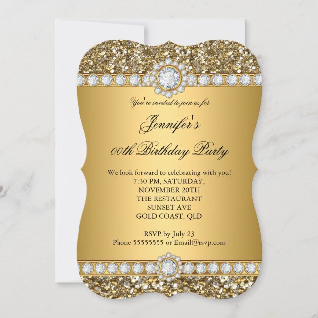 Eleganter Gold Glitzer Look Diamond Trim Geburtsta Einladung (Vorderseite)