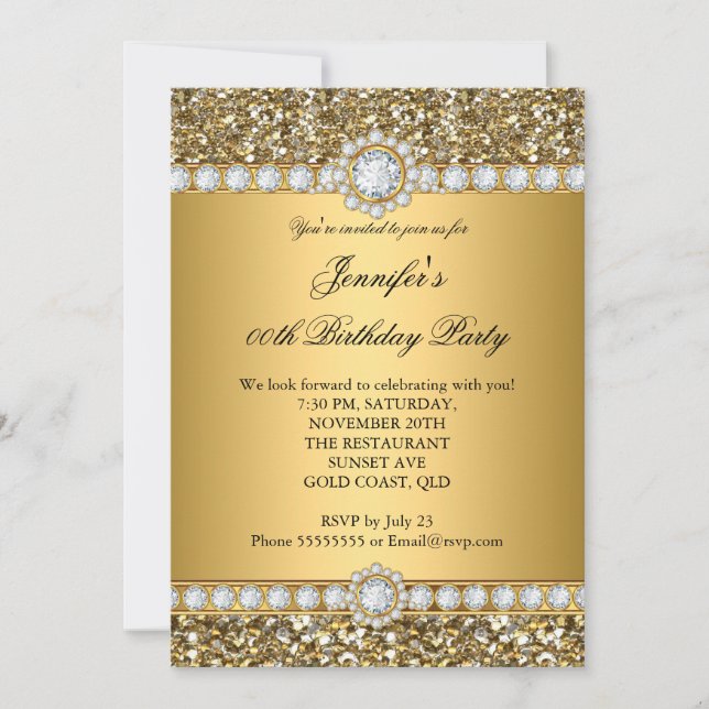 Eleganter Gold Glitzer Look Diamond Trim Geburtsta Einladung (Vorderseite)
