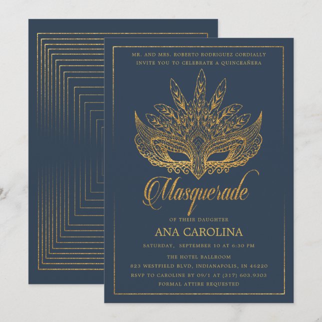 Eleganter Gold Glitzer Masquerade Quinceañera Einladung (Vorne/Hinten)