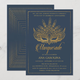 Eleganter Gold Glitzer Masquerade Quinceañera Einladung