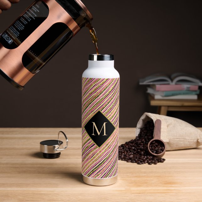 Eleganter Gold Glitzer Monogram Stripes Black Trinkflasche (Kaffee)