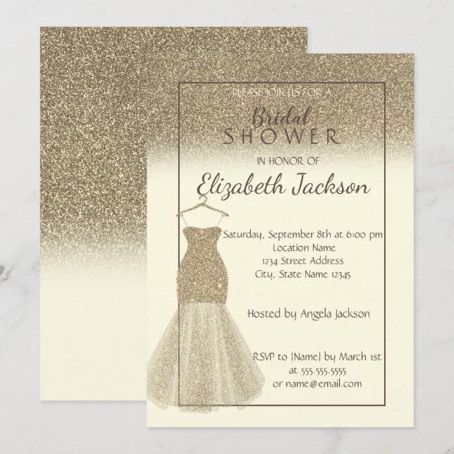 Eleganter Gold Glitzer Ombre, Dress Brautparty Einladung (Vorne/Hinten)