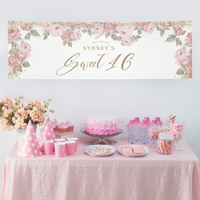 Eleganter Gold Glitzer Peony Floral Sweet 16 Willk Banner (Von Creator hochgeladen)