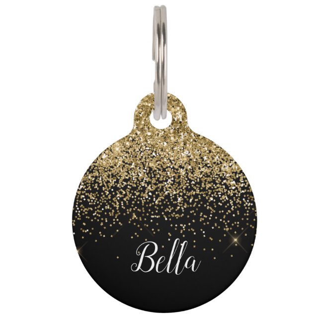Eleganter Gold Glitzer Personalisierte Kalligraphi Haustiermarke (Vorderseite)